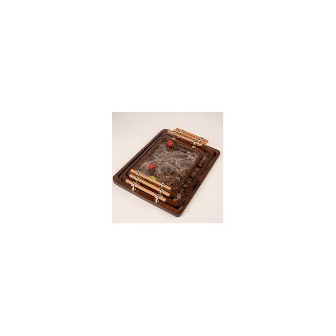 3 PIECE BAMBOO WOODEN SERVING TRAYS WITH GOLDEN HANDLES