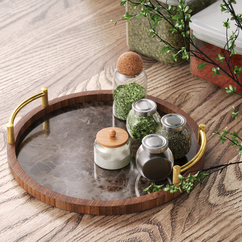 3 Piece Round Pallets Marble TableTop Decorative Serving Coffee Tea Bamboo Serving Tray With Handles Non-Waterproof