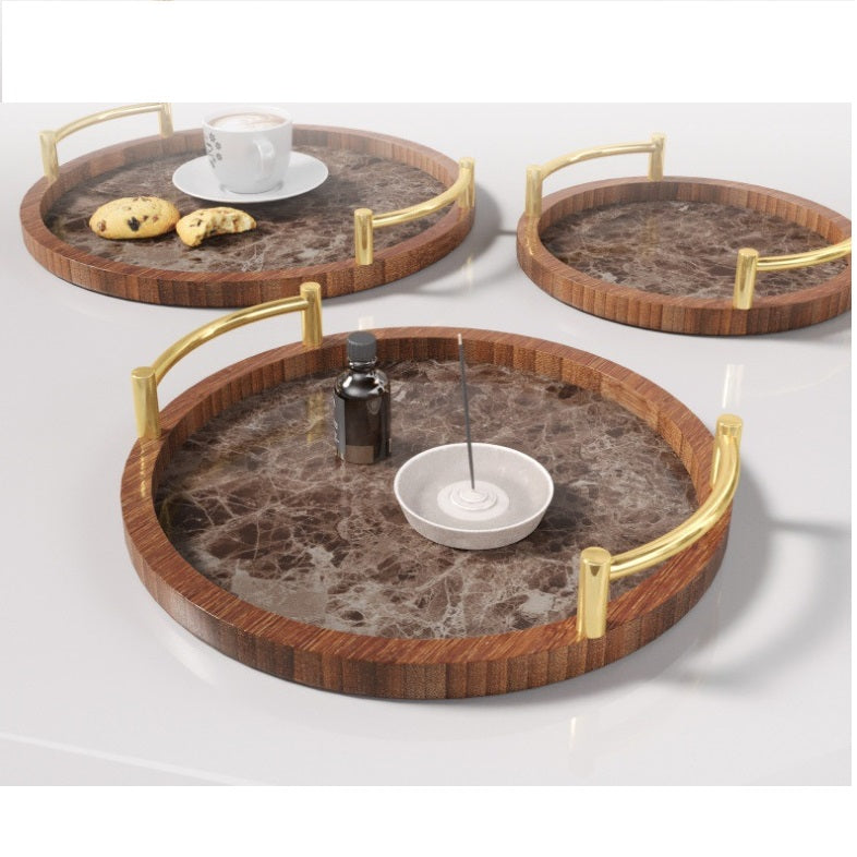 3 Piece Round Pallets Marble TableTop Decorative Serving Coffee Tea Bamboo Serving Tray With Handles Non-Waterproof