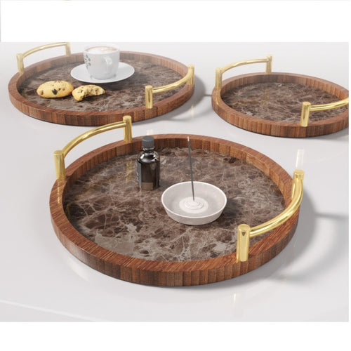 3 Piece Round Pallets Marble TableTop Decorative Serving Coffee Tea Bamboo Serving Tray With Handles Non-Waterproof