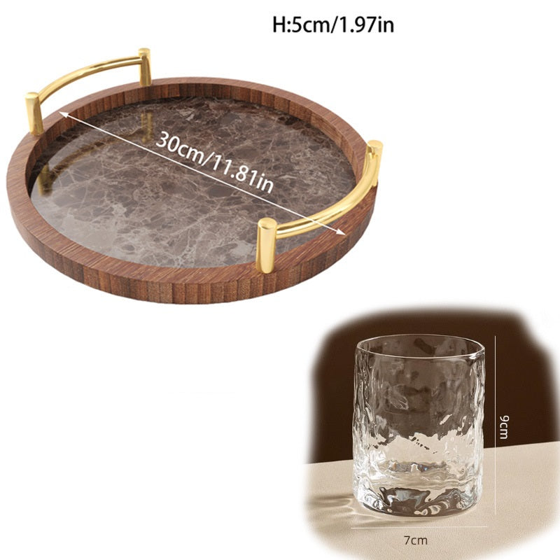 3 Piece Round Pallets Marble TableTop Decorative Serving Coffee Tea Bamboo Serving Tray With Handles Non-Waterproof