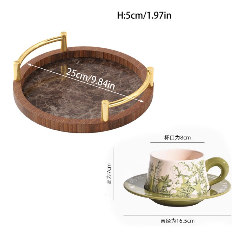 3 Piece Round Pallets Marble TableTop Decorative Serving Coffee Tea Bamboo Serving Tray With Handles Non-Waterproof
