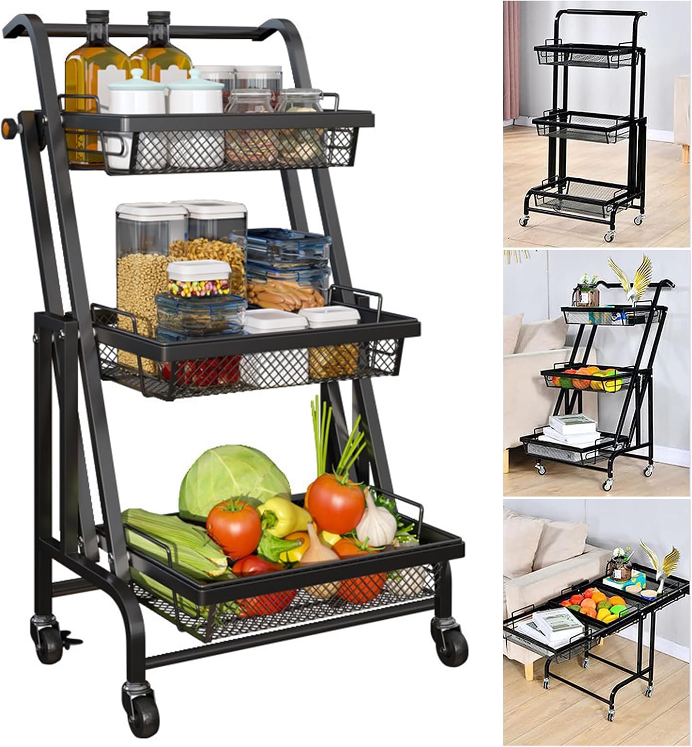 3-Tier Rolling Utility Cart – Multi-Angle Adjustable, Lockable Wheels, Heavy-Duty Storage for Kitchen, Bathroom & More