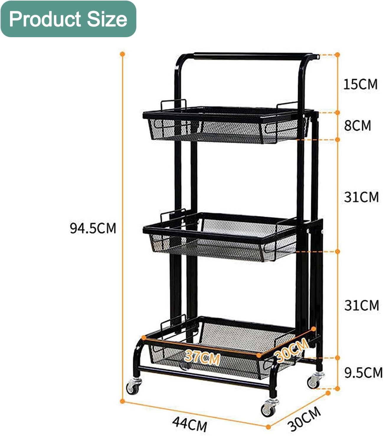 3-Tier Rolling Utility Cart – Multi-Angle Adjustable, Lockable Wheels, Heavy-Duty Storage for Kitchen, Bathroom & More