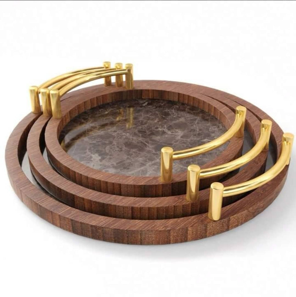 3 Piece Round Pallets Marble TableTop Decorative Serving Coffee Tea Bamboo Serving Tray With Handles Non-Waterproof