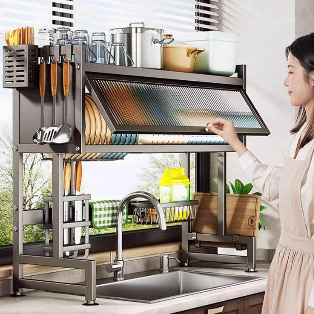 3 Tier Dish Drying Rack – Large Kitchen Dish Drainer with Cutlery Holder & Door Cover