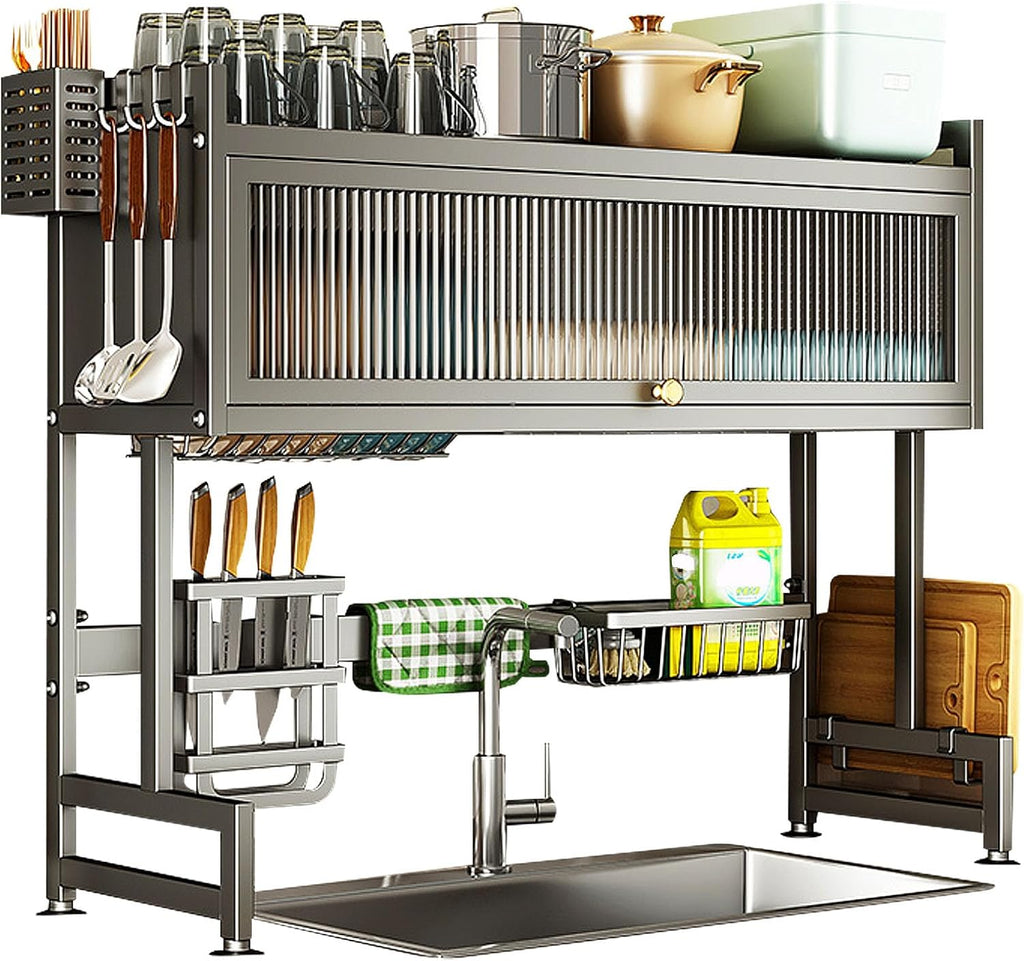 3 Tier Dish Drying Rack – Large Kitchen Dish Drainer with Cutlery Holder & Door Cover
