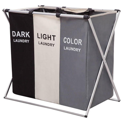 3 Sections, Foldable Laundry Hamper Sorter for Bedroom, Bathroom, and Dorm | Waterproof Divided Dirty Clothes Basket with Aluminum Frame - LIFE STORES UGANDA