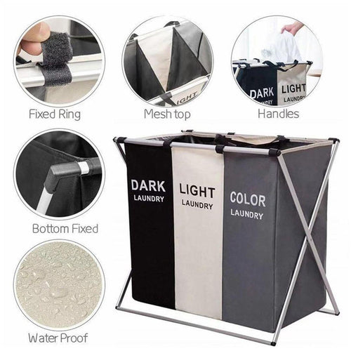 3 Sections, Foldable Laundry Hamper Sorter for Bedroom, Bathroom, and Dorm | Waterproof Divided Dirty Clothes Basket with Aluminum Frame - LIFE STORES UGANDA