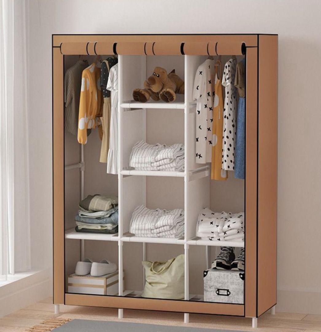 3-Column Metallic Frame Wardrobe - Steel Closet Organizer with Adjustable Shelves