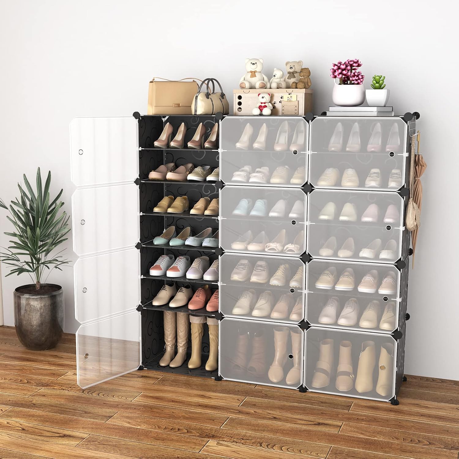 Portable Shoe Rack Organizer with Door - 48 Pair Storage Cabinet, Stackable Plastic Shoe Shelf with Easy Assembly