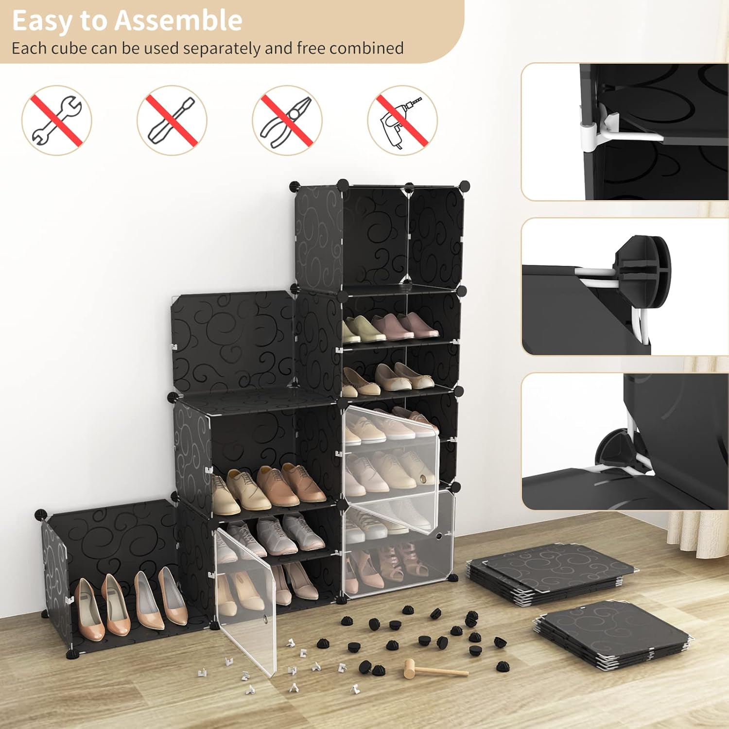 Portable Shoe Rack Organizer with Door - 48 Pair Storage Cabinet, Stackable Plastic Shoe Shelf with Easy Assembly