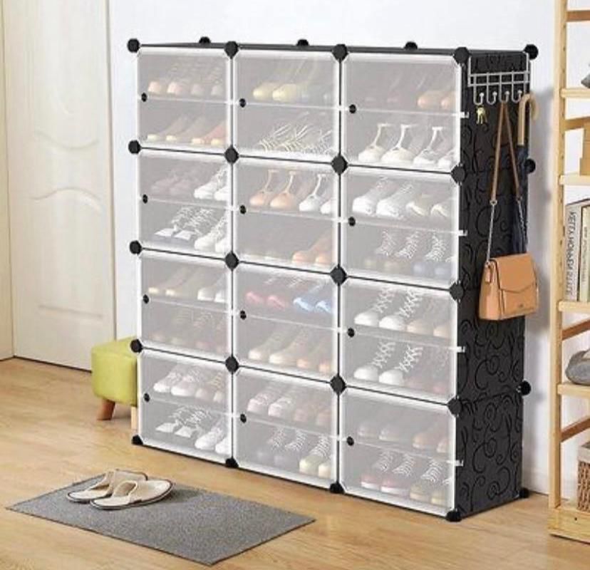 Portable Shoe Rack Organizer with Door - 48 Pair Storage Cabinet, Stackable Plastic Shoe Shelf with Easy Assembly