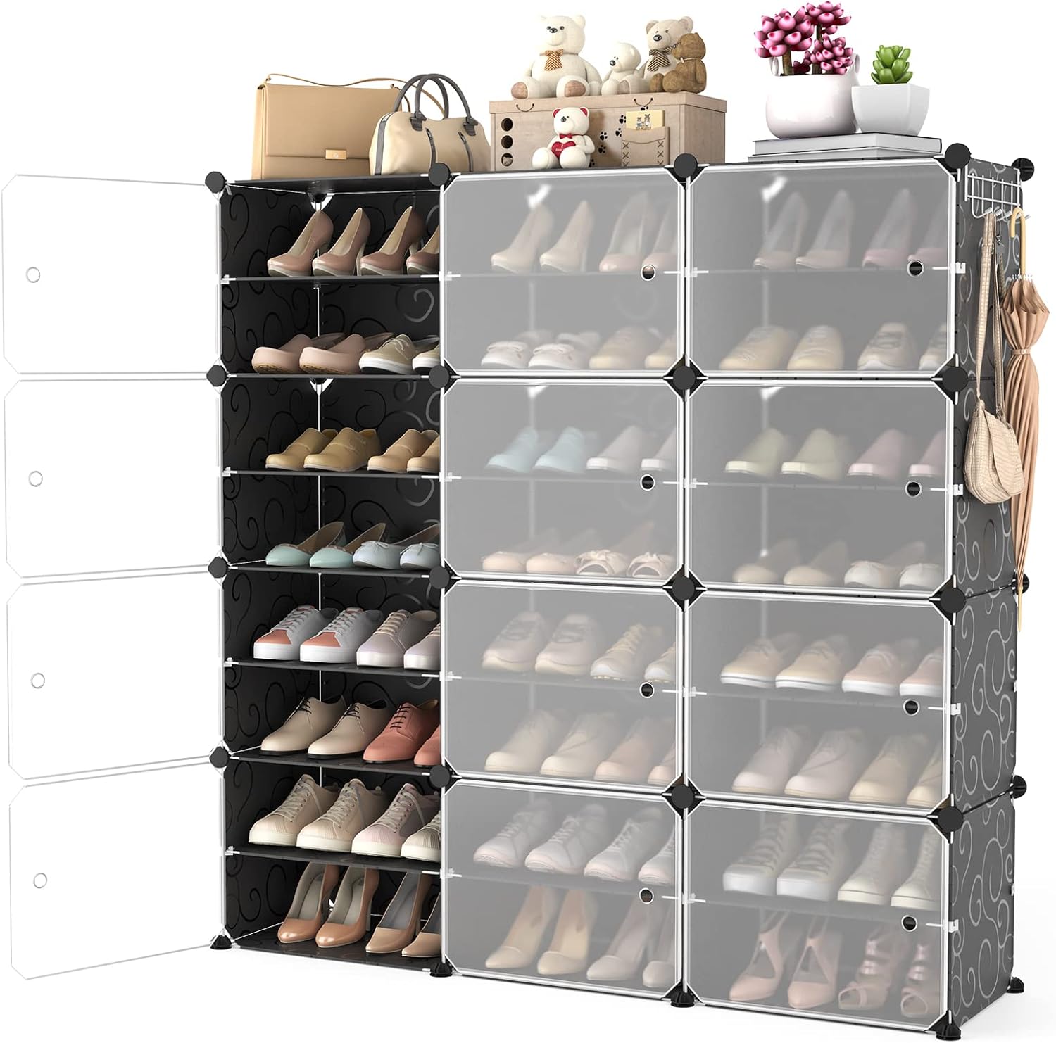 Portable Shoe Rack Organizer with Door - 48 Pair Storage Cabinet, Stackable Plastic Shoe Shelf with Easy Assembly