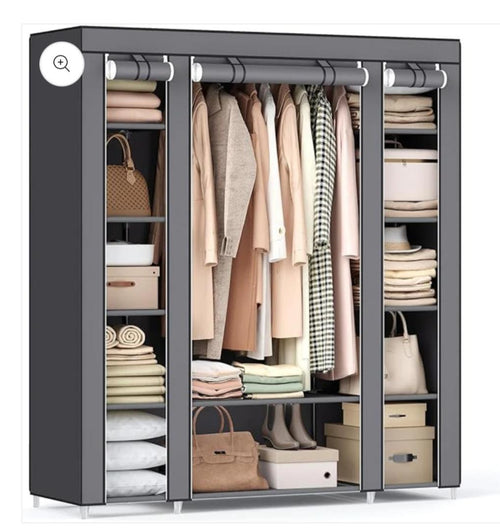 3-Column Wooden Frame Wardrobe - Solid Wood Closet Organizer with Adjustable Shelves