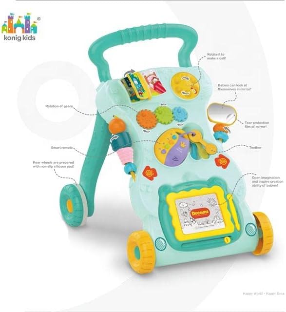 3-in-1 Baby Walker for Girls & Toddlers | Standing Walker with Drawing Board & Remote | Activity Table & Push-Thru Walker for 8-36 Months (Pink)