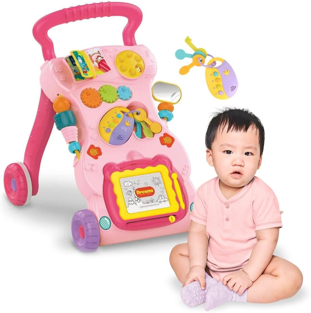 3-in-1 Baby Walker for Girls & Toddlers | Standing Walker with Drawing Board & Remote | Activity Table & Push-Thru Walker for 8-36 Months (Pink)