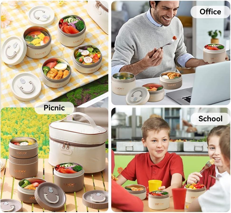 4-Piece Stackable Insulated Bento Lunch Box Set with Thermal Carry Bag – Leakproof Stainless Steel Food Containers for School, Work & Travel