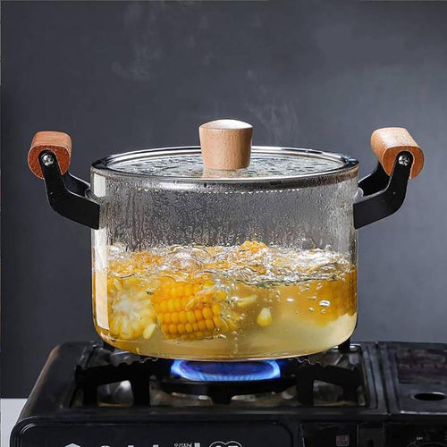 4.5L Clear Glass Pot for Cooking on Stove – Big Glass Simmer Pot with Wooden Handle - LIFE STORES UGANDA