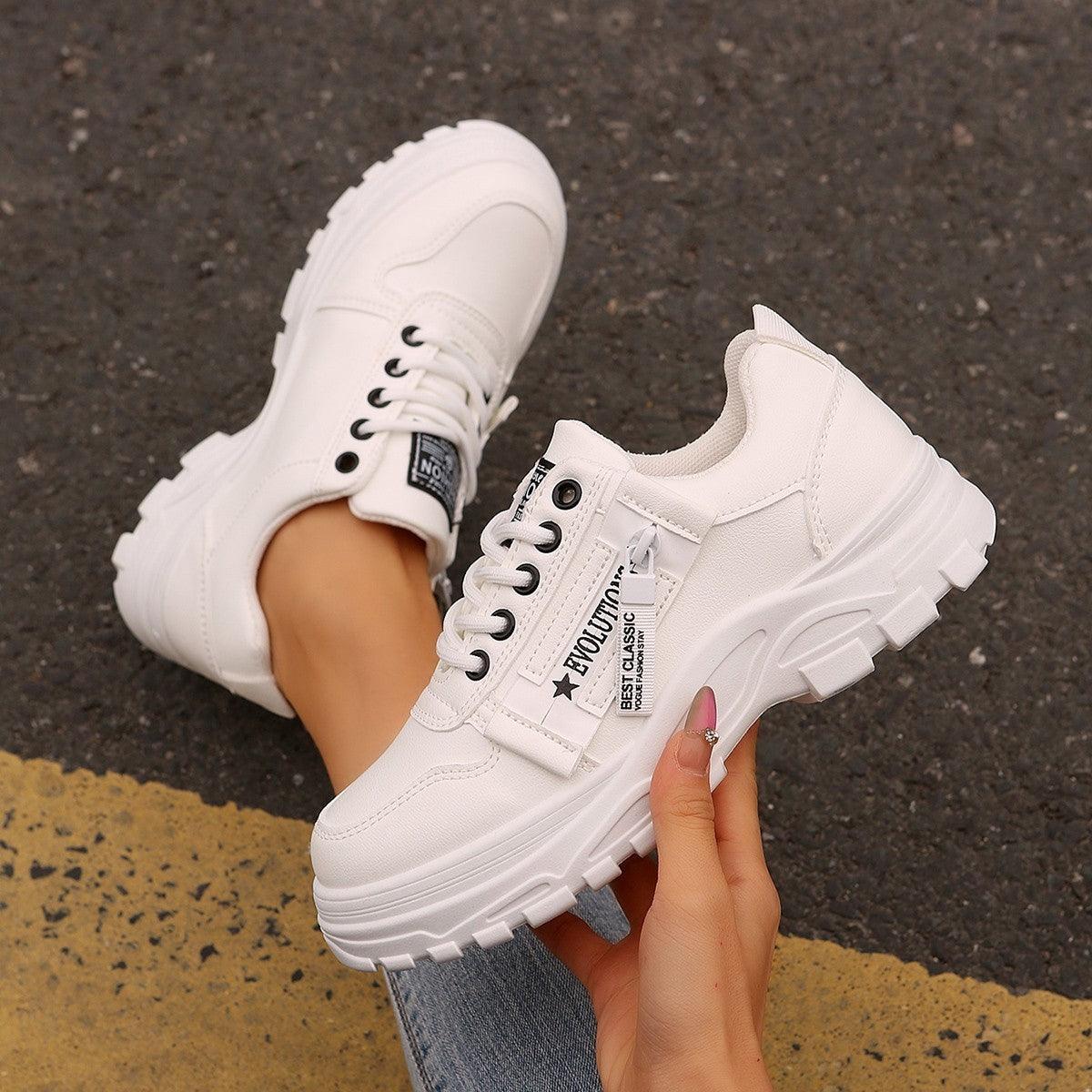 Lace-up Sports Shoes With Side-Zipper Design – Fashion Thick-Soled Round-Toe Casual Sneakers For Women - LIFE STORES UGANDA