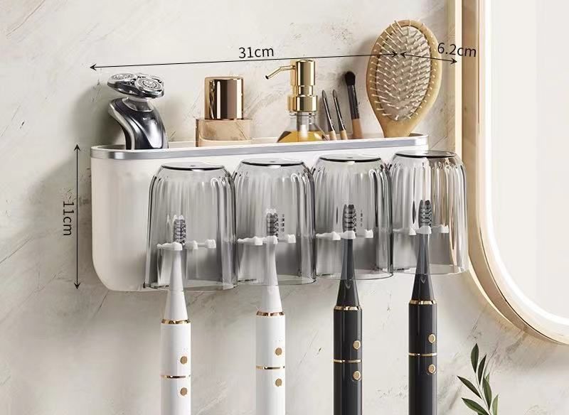 4-Cup Wall-Mounted Toothbrush Holder with Automatic Toothpaste Dispenser – Self-Adhesive, Space-Saving Bathroom Organizer for Toiletries