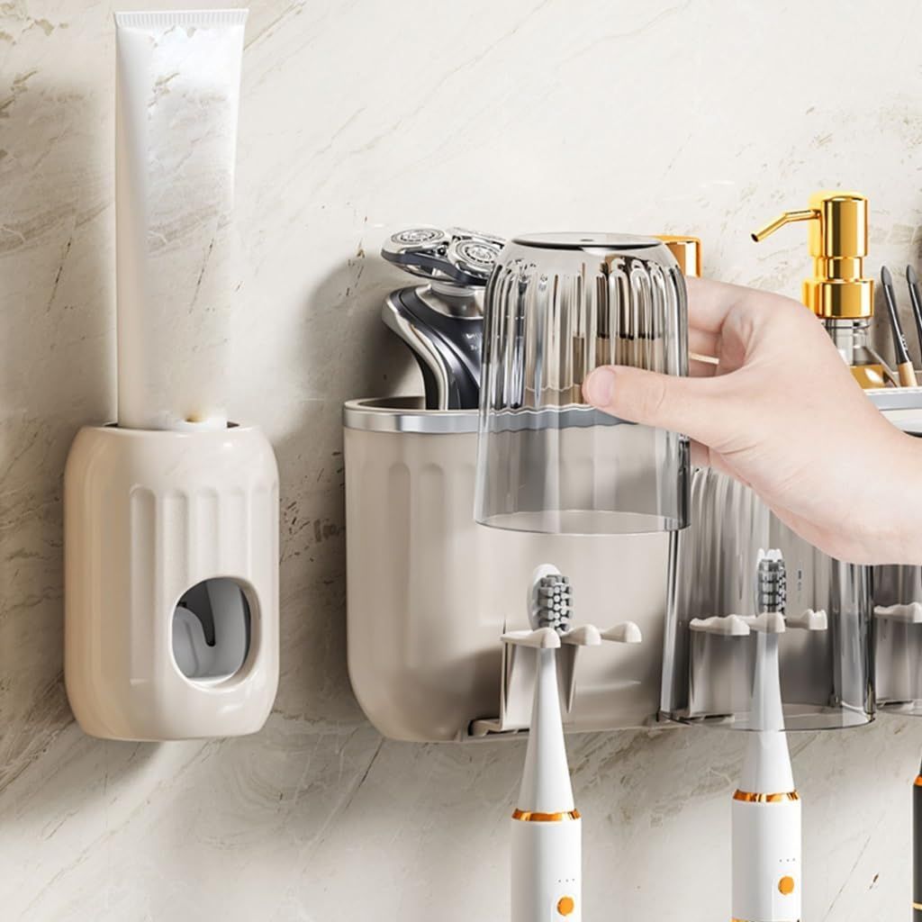 4-Cup Wall-Mounted Toothbrush Holder with Automatic Toothpaste Dispenser – Self-Adhesive, Space-Saving Bathroom Organizer for Toiletries