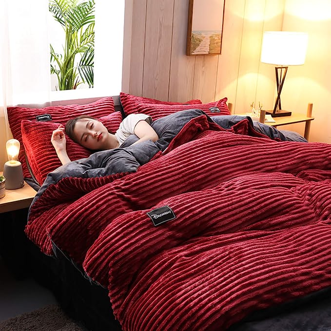 4-Piece Genuine Reversible Maroon Velvet Duvet Set - Luxury Double-Sided Bedding with Bedsheet & Pillowcases