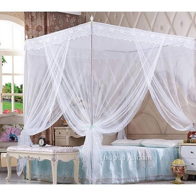 4 Stand Metallic Mosquito Net - Sturdy Metal Frame with Pretty Lace Detail, Available 4x6, 5x6, 6x6 Sizes
