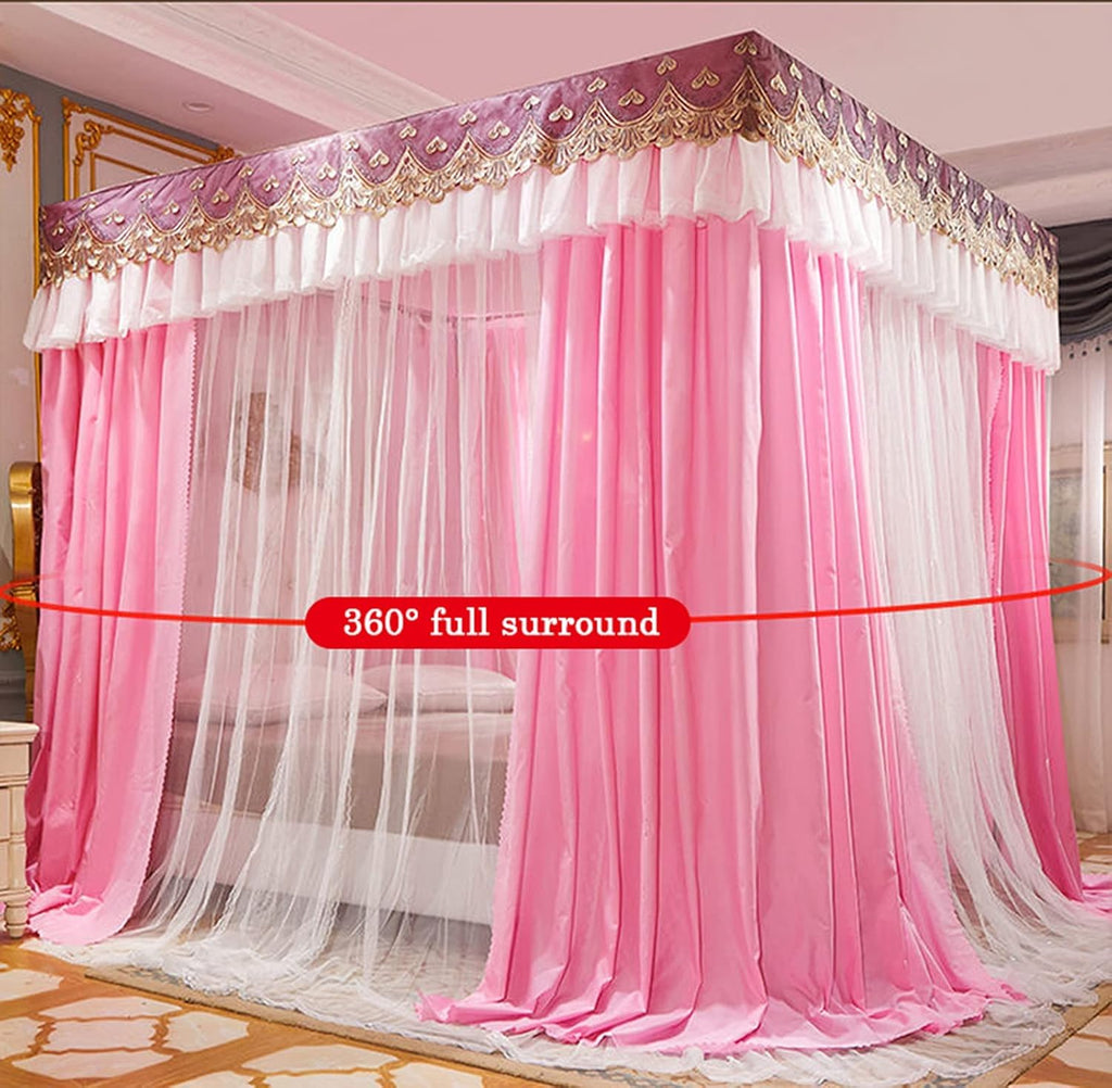 Elegant Four Poster Canopy Bed Net - Double Layer Princess Curtains with 4 Steel Stands & Diamond Net Design, Purple