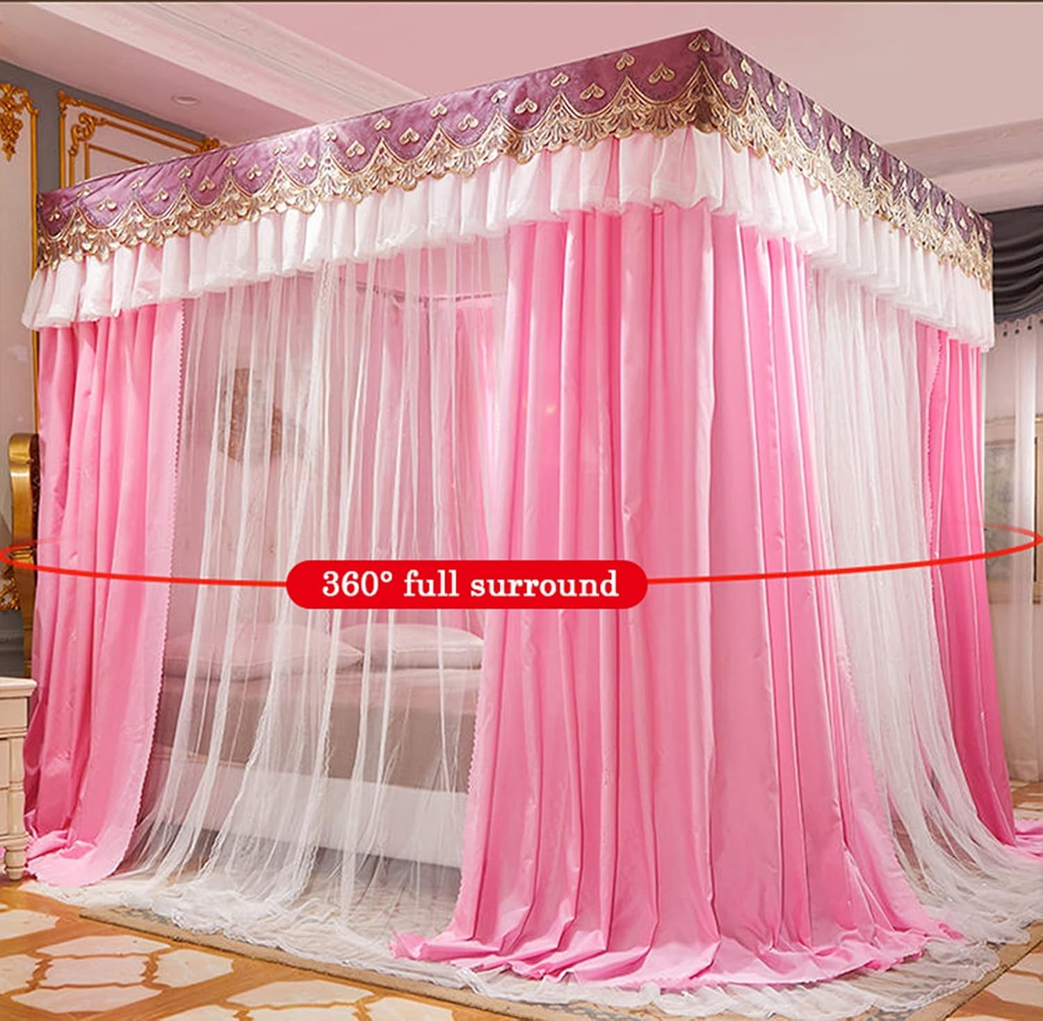 Elegant Four Poster Canopy Bed Net - Double Layer Princess Curtains with 4 Steel Stands & Diamond Net Design, Purple