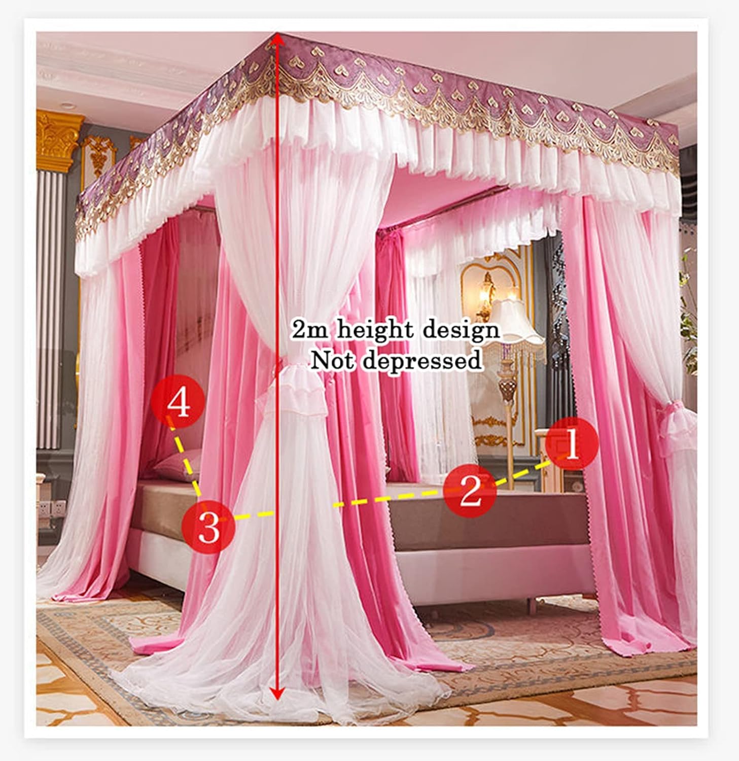 Purple Four-Poster Mosquito Net with 4 Steel Stands & Princess Curtains, Double-Layer Diamond Design Canopy Bed Net for King/Single Beds