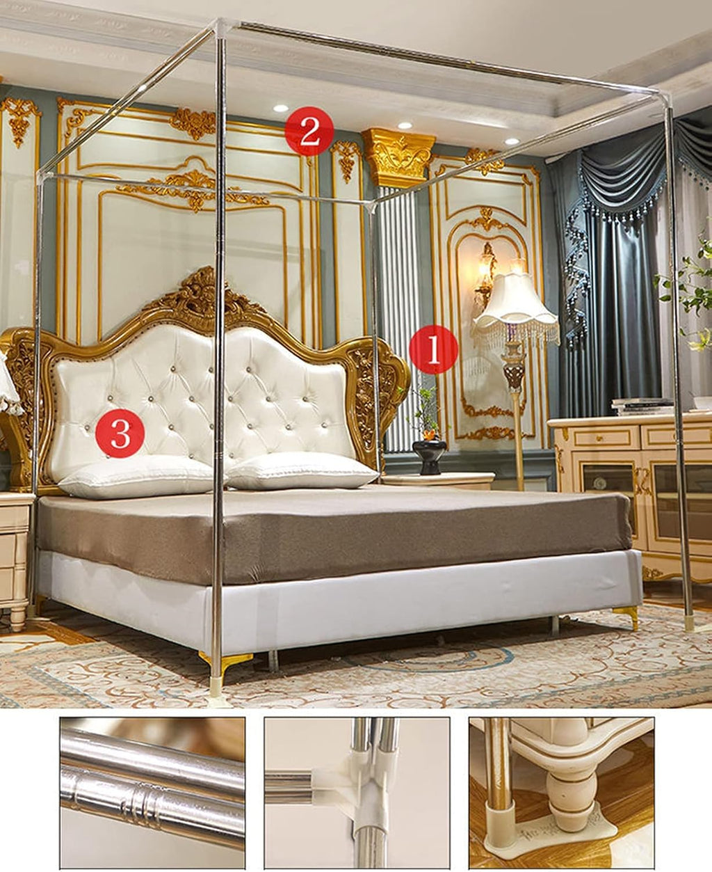Elegant Four Poster Canopy Bed Net - Double Layer Princess Curtains with 4 Steel Stands & Diamond Net Design, Purple
