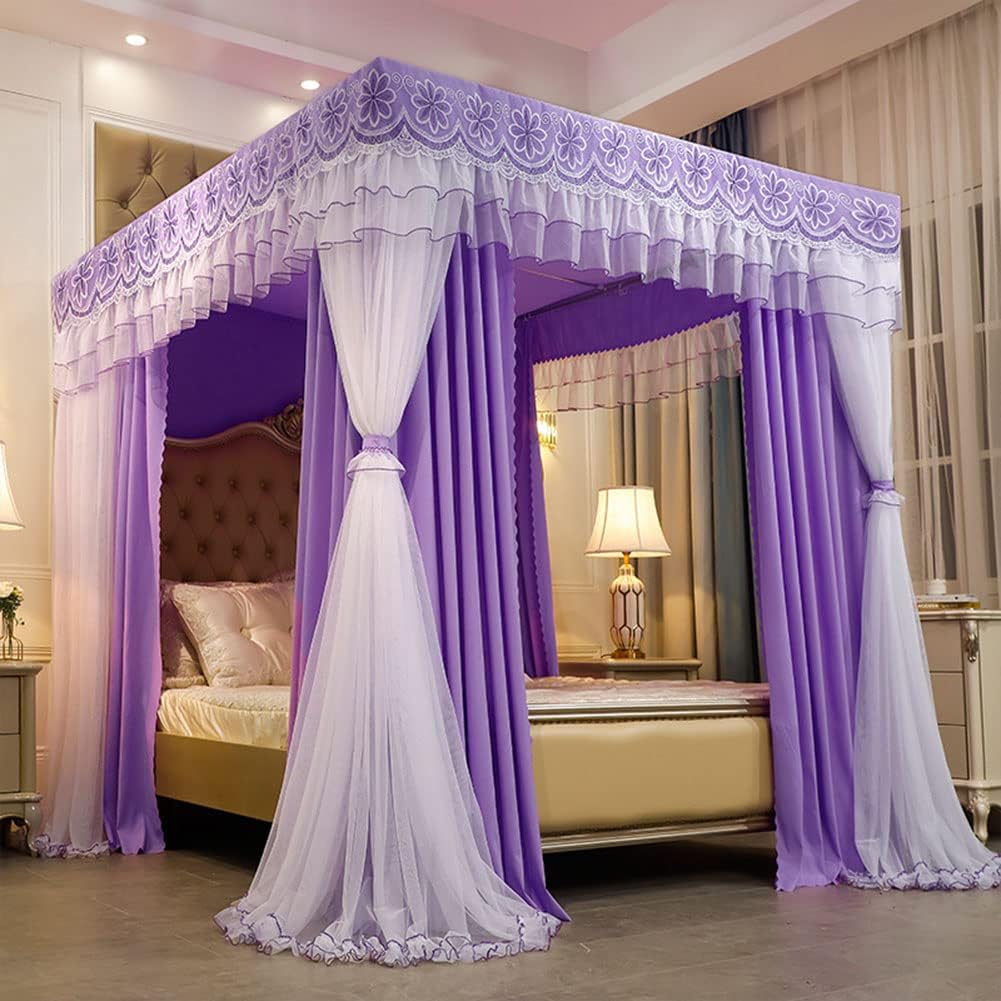 Elegant Four Poster Canopy Bed Net - Double Layer Princess Curtains with 4 Steel Stands & Diamond Net Design, Purple