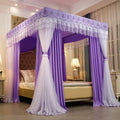Elegant Four Poster Canopy Bed Net - Double Layer Princess Curtains with 4 Steel Stands & Diamond Net Design, Purple