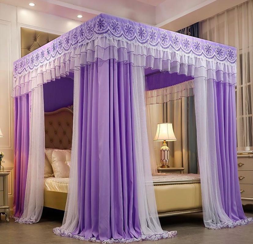 Purple Four-Poster Mosquito Net with 4 Steel Stands & Princess Curtains, Double-Layer Diamond Design Canopy Bed Net for King/Single Beds