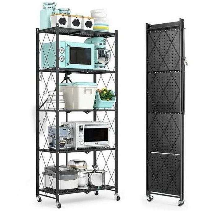 5-Layer Foldable Moveable Kitchen Storage Rack 360° Wheels Rust-Free Metal Organizer – Black