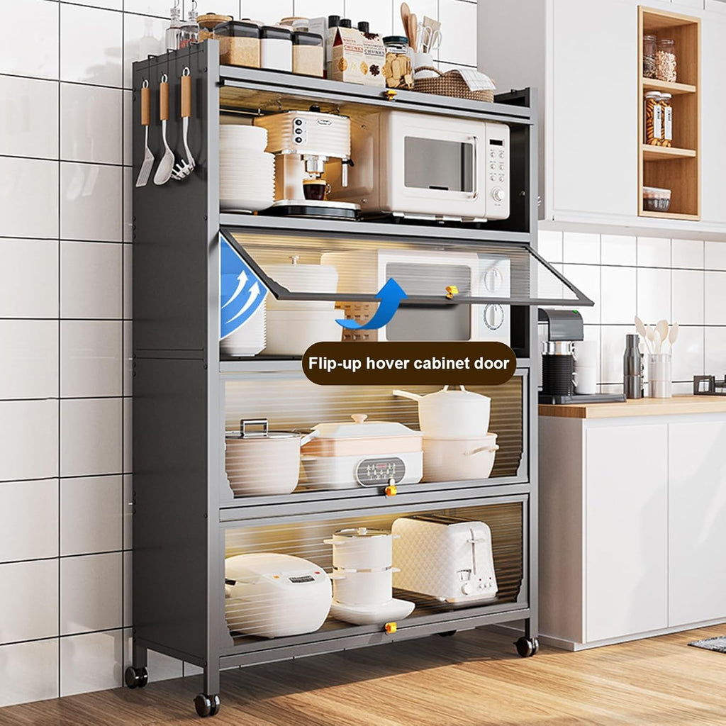5 Tier Kitchen Storage Cabinet – Dustproof Fluted Glass Baker’s Rack with Wheels, Heavy Duty Organizer