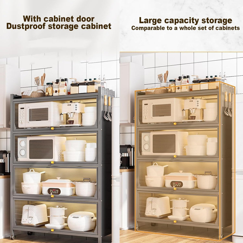 5 Tier Kitchen Storage Cabinet – Dustproof Fluted Glass Baker’s Rack with Wheels, Heavy Duty Organizer