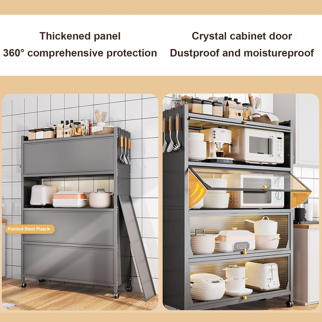 5 Tier Kitchen Storage Cabinet – Dustproof Fluted Glass Baker’s Rack with Wheels, Heavy Duty Organizer