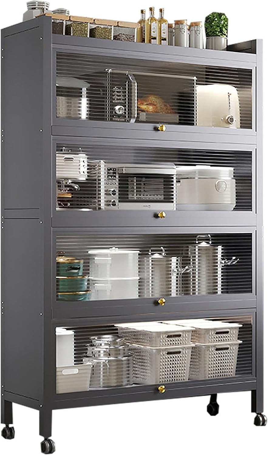 5 Tier Kitchen Storage Cabinet – Dustproof Fluted Glass Baker’s Rack with Wheels, Heavy Duty Organizer