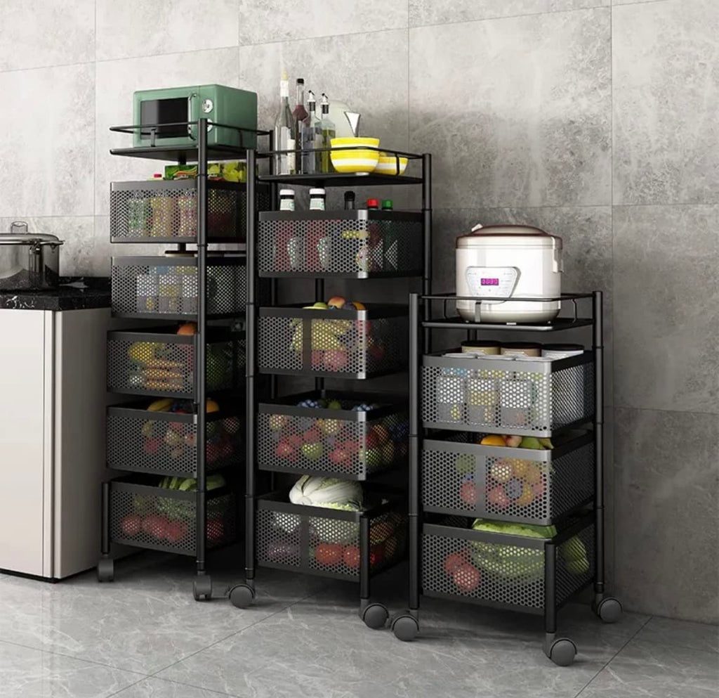 5-Tier Rotating Storage Rack – Multi-Purpose Kitchen, Bathroom & Fruit Organizer (Alloy Steel)