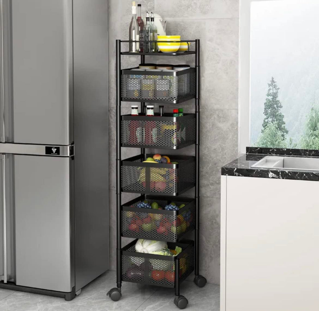 5-Tier Rotating Storage Rack – Multi-Purpose Kitchen, Bathroom & Fruit Organizer (Alloy Steel)