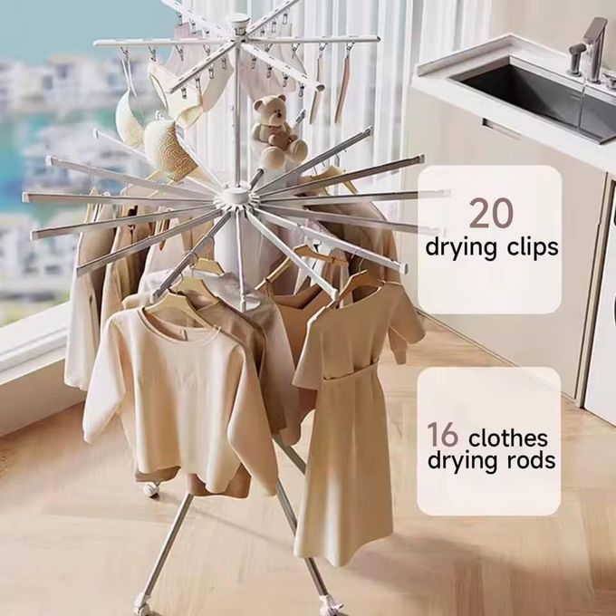Foldable 360° Rotating Octopus Clothes Drying Rack – 16 Rods, Multi-Layer Design & Wheels