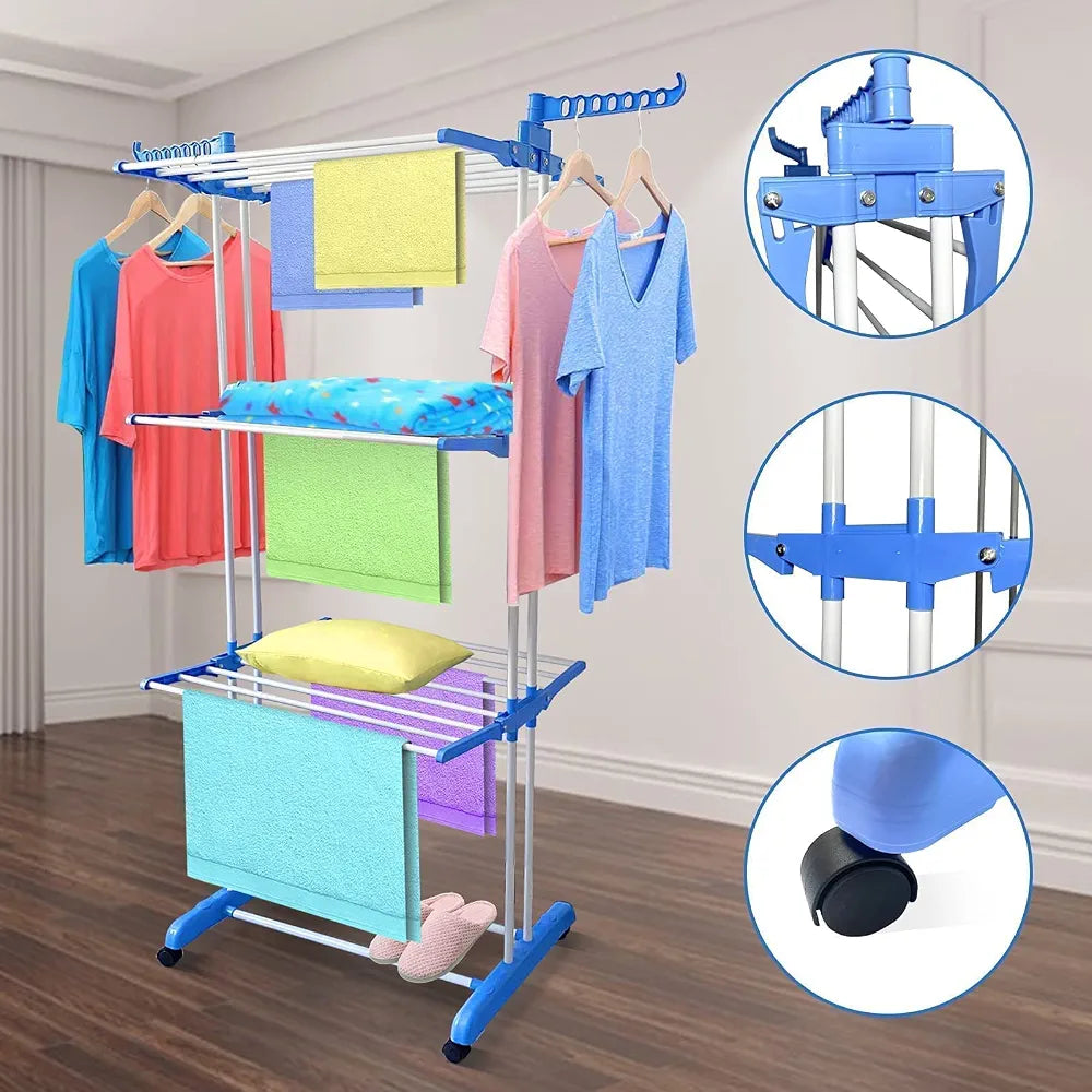 3-Layer Foldable Clothes Drying Rack – Adjustable 170cm Laundry Stand with Wheels & Side Wings