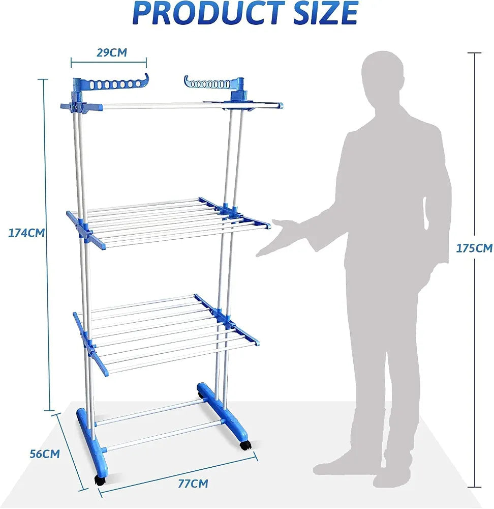 3-Layer Foldable Clothes Drying Rack – Adjustable 170cm Laundry Stand with Wheels & Side Wings