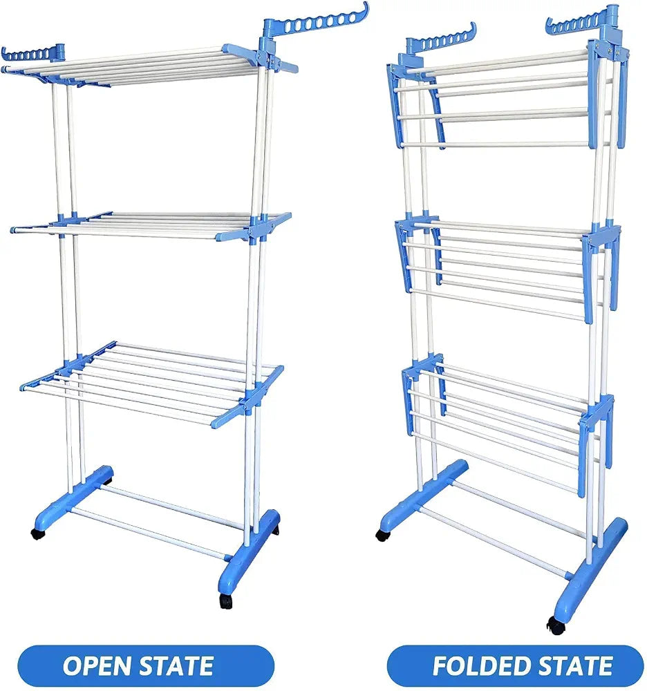 3-Layer Foldable Clothes Drying Rack – Adjustable 170cm Laundry Stand with Wheels & Side Wings