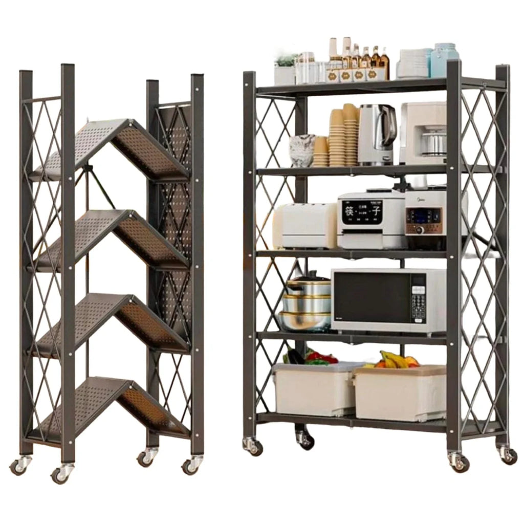 5-Layer Foldable Moveable Kitchen Storage Rack 360° Wheels Rust-Free Metal Organizer – Black