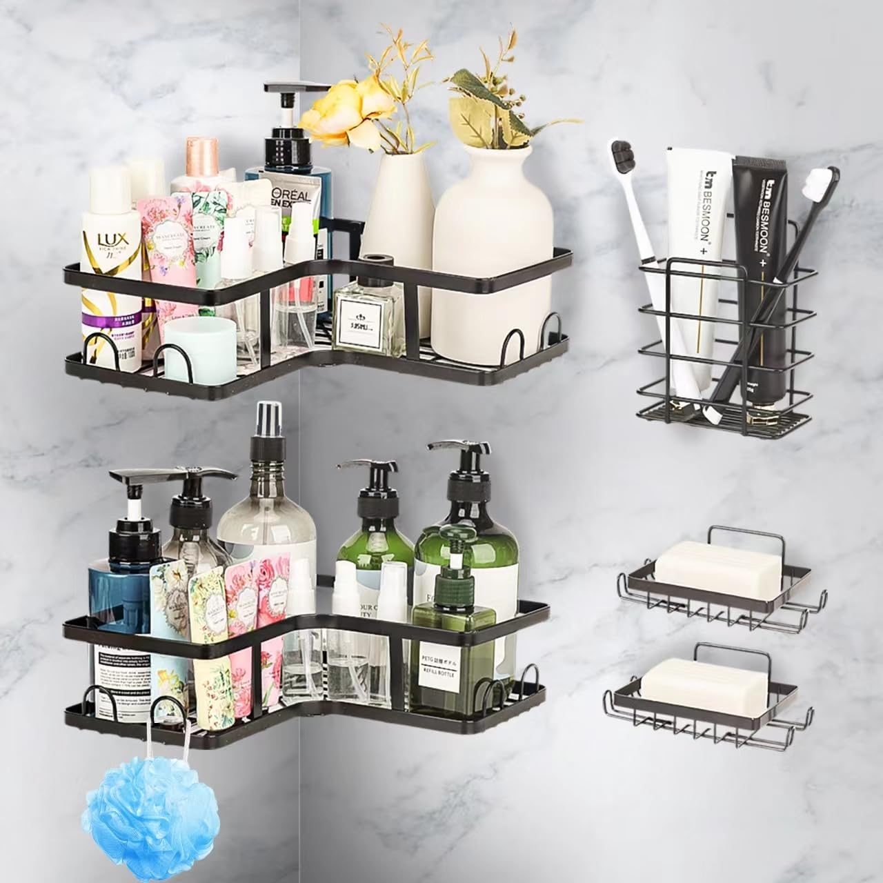 5-Pack Rustproof Black Corner Shower Caddy & Wall-Mounted Bathroom Organizer Set – Heavy-Duty SUS304 Stainless Steel, No-Drill Adhesive Installation