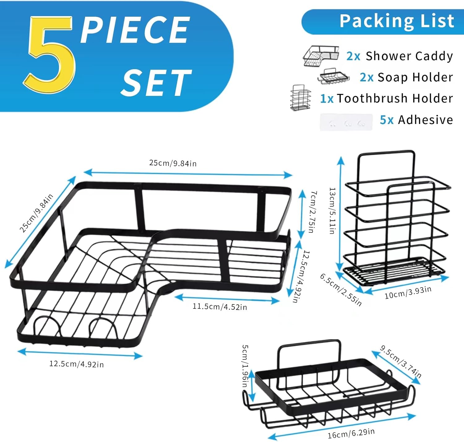 5-Pack Rustproof Black Corner Shower Caddy & Wall-Mounted Bathroom Organizer Set – Heavy-Duty SUS304 Stainless Steel, No-Drill Adhesive Installation
