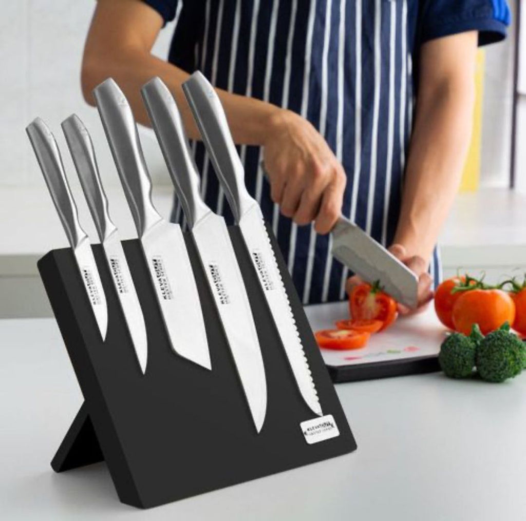 5-Piece Premium Knife Set – Sharp Japanese Stainless Steel, Magnetic Bamboo Holder for Easy Storage